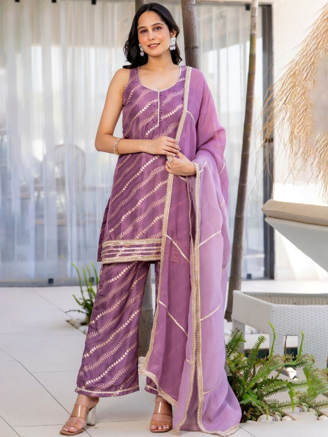 HOUSE OF JAMOTI Lila Haze Floral Printed Sleeveless Kurti With Palazzos & Dupatta