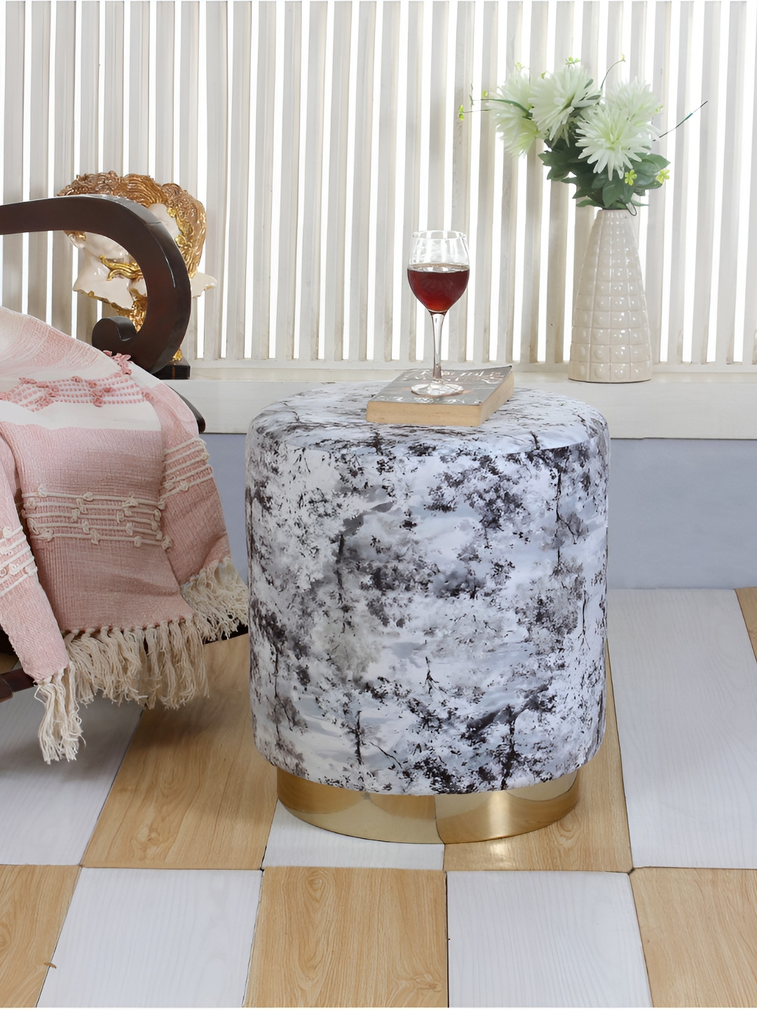 Shadowkart Black & White Printed Wooden & Velvet Round Ottoman