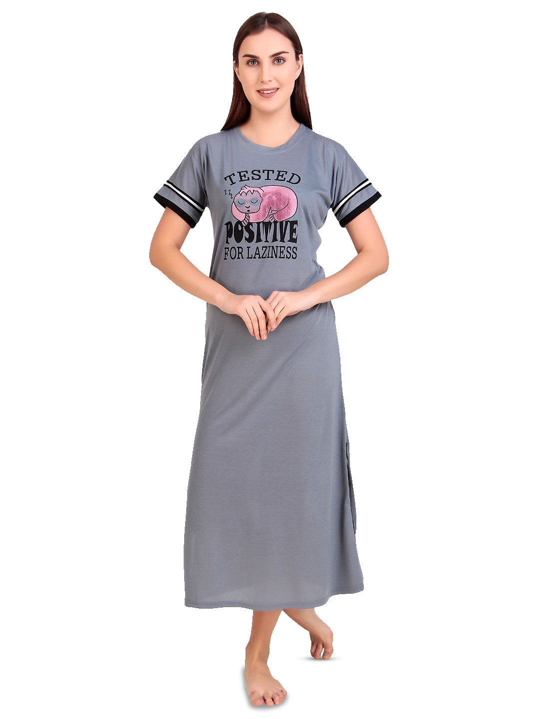 BOMBSHELL Women Printed Round Neck Short Sleeves Maxi T-shirt Nightdress