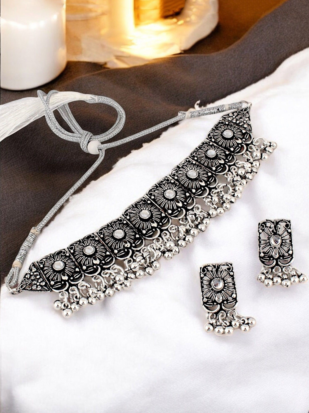 LUCKY JEWELLERY Artificial Studded & Ghungroo Oxidised Jewellery Set