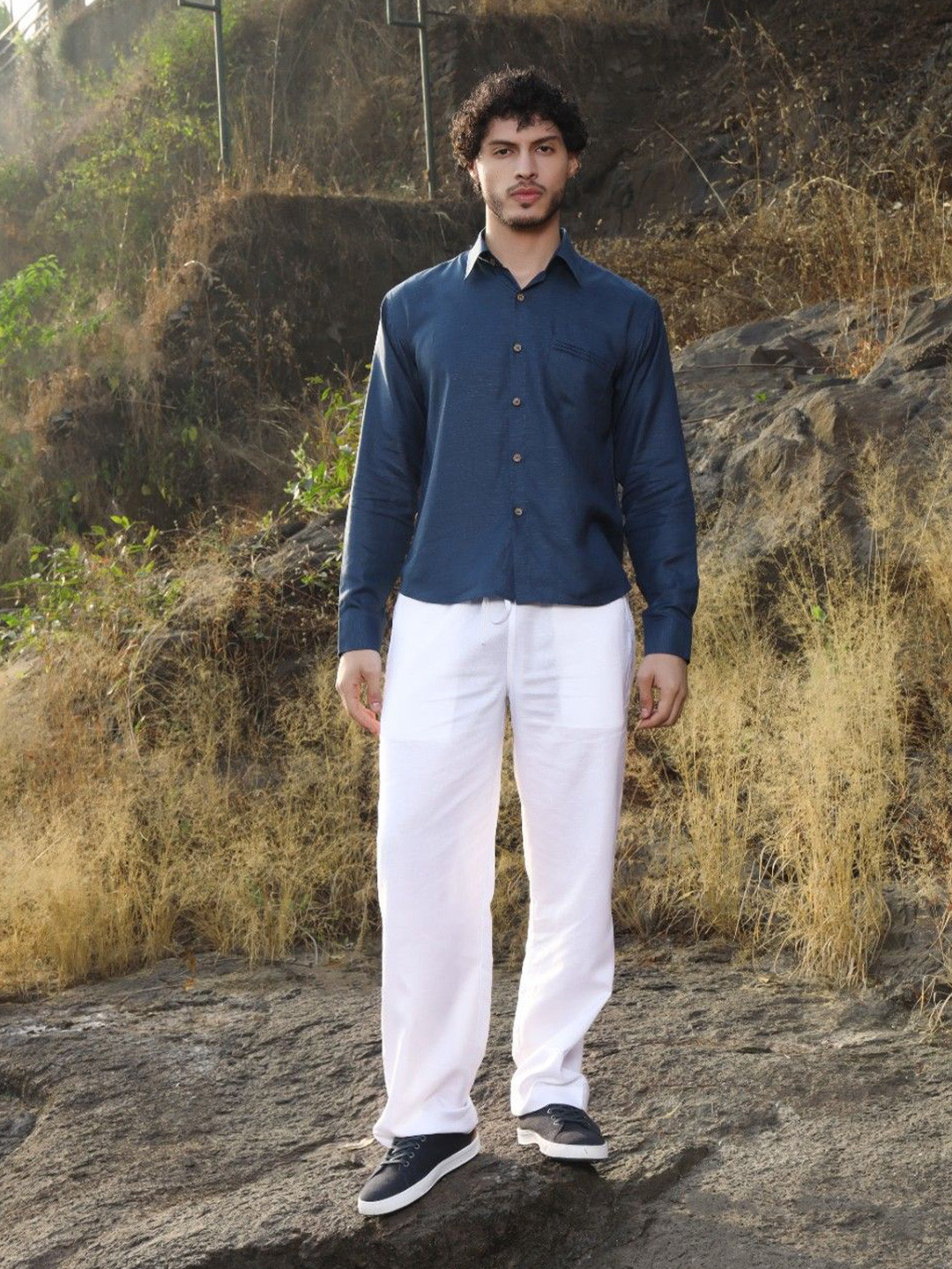 ROAR FOR GOOD Men Regular Fit Pleated Formal Hemp Coconut Buttons Shirt