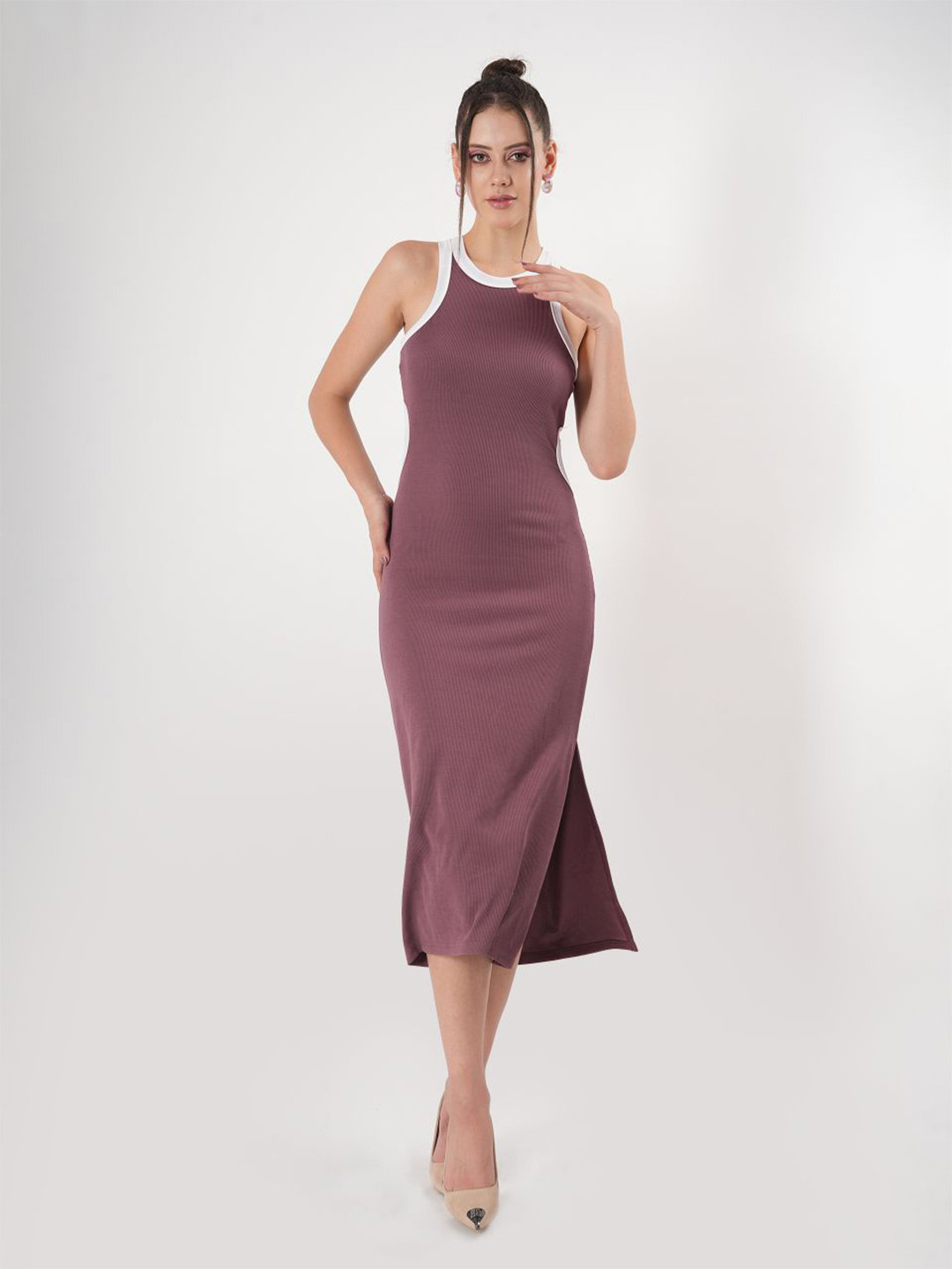 clobug Women Round Neck Crepe Bodycon Slits Midi Dress