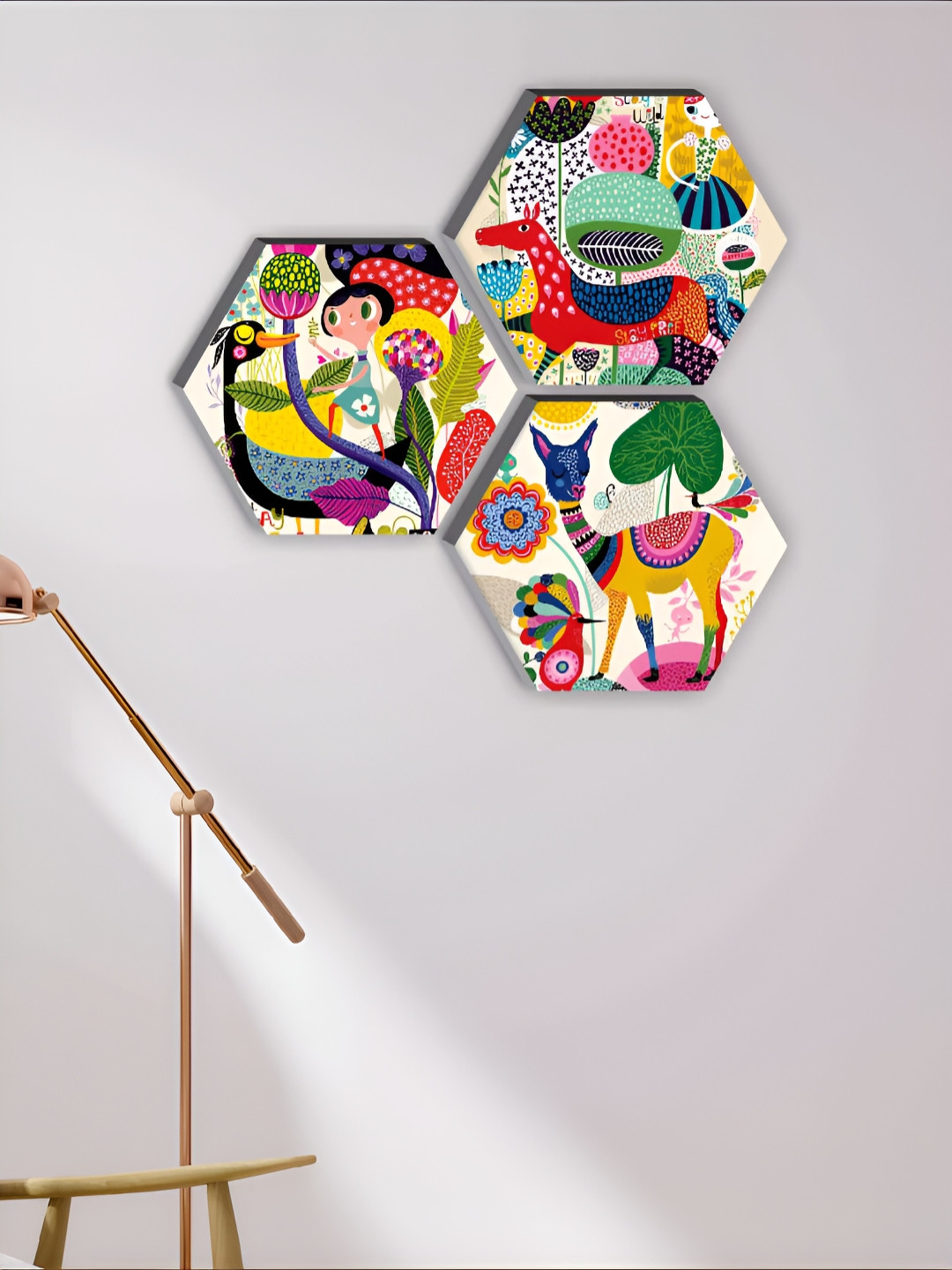 SAF Modern Art Wood 3 Piece Hexagon Paintings Wall Art-8.3 x 9.4In