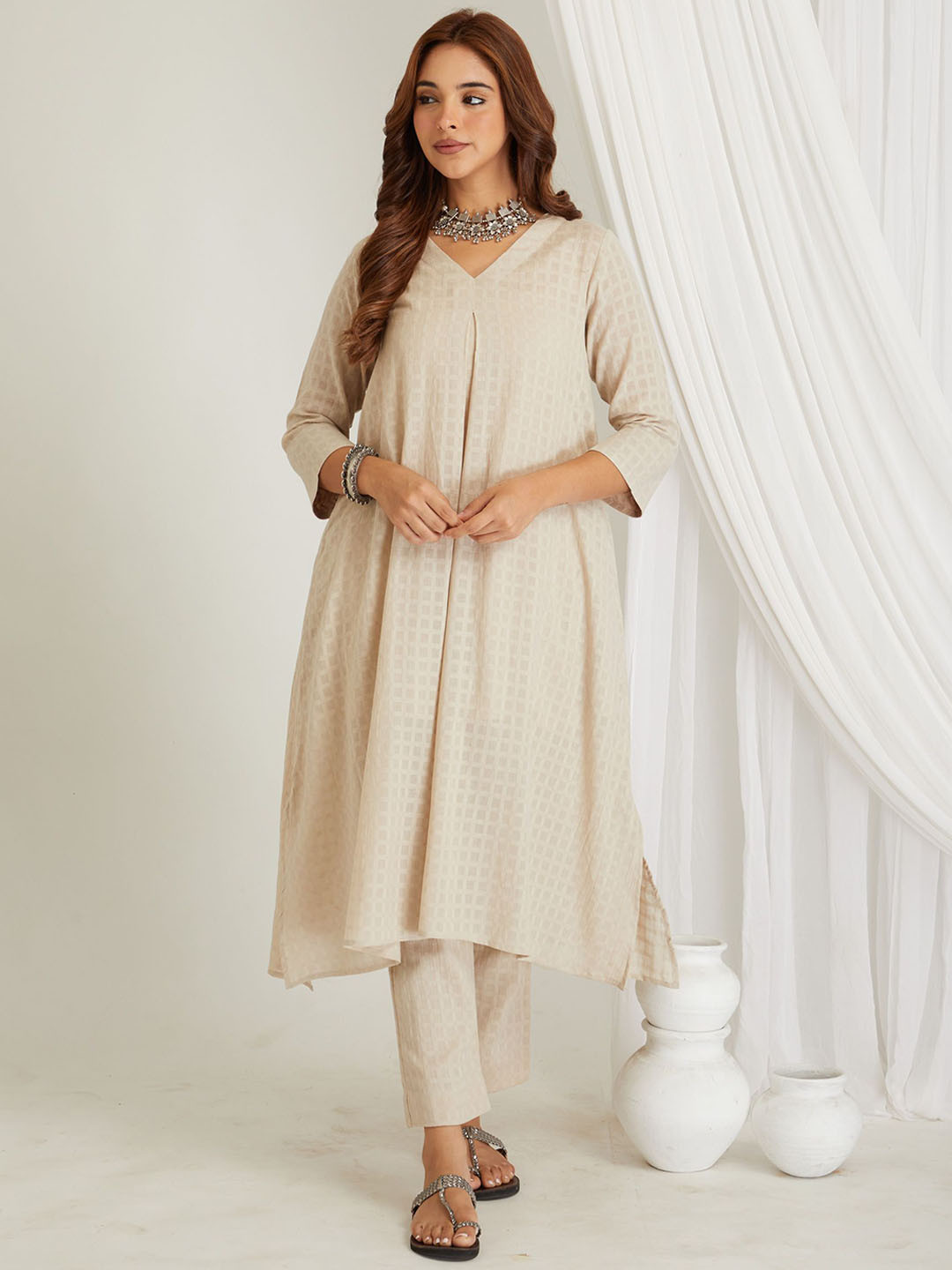 CYAN Checked V-Neck Pure Cotton Anarkali Kurta With Trousers