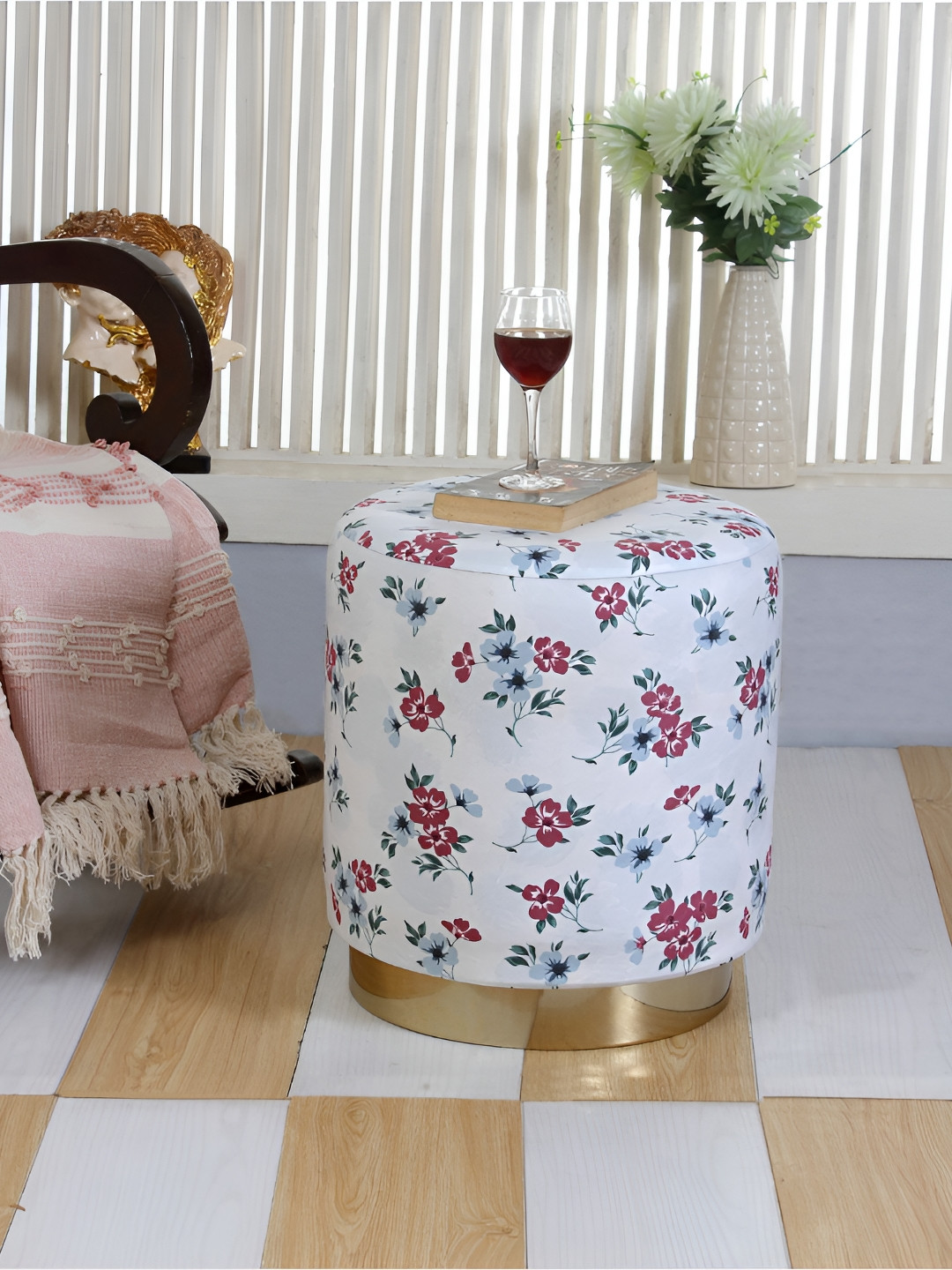 Shadowkart White & Pink Printed Round Wooden & Velvet Pouffes Pedestal Ottoman