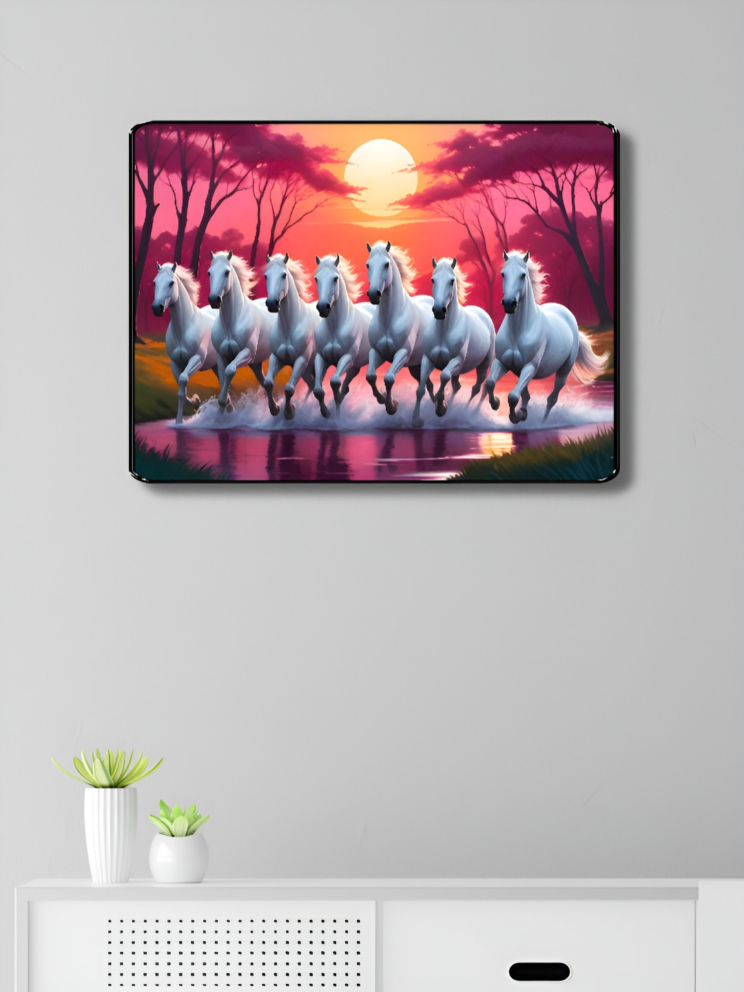 SAF Orange & Pink Seven Running Horse Printed Wooden Wall Art