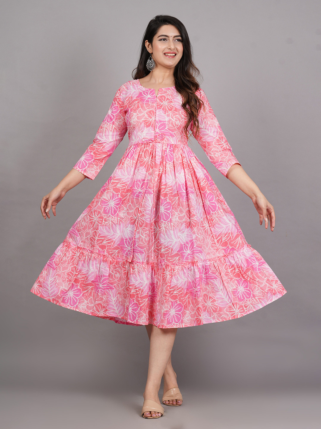 Twirl Tales Floral Print Gathered or Pleated Round Neck A-Line Midi Dress