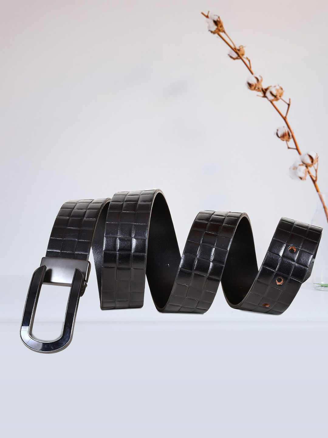 Sassora Men Checked Leather Detachable Anchor Formal Belt