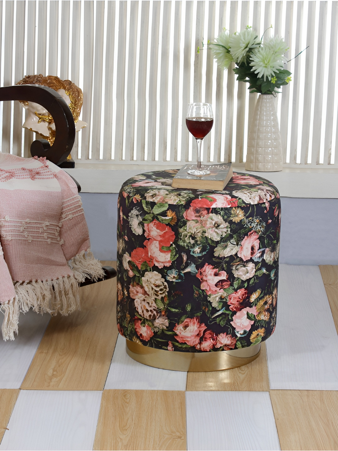 Shadowkart Black & Pink Printed Round Wooden & Velvet Pouffes Pedestal Ottoman