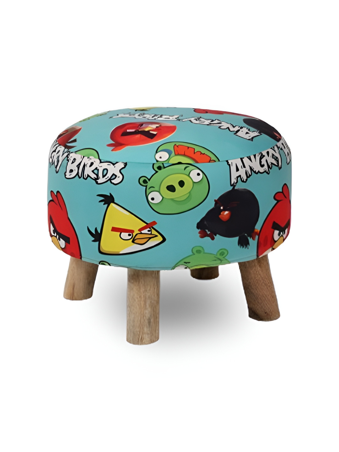 THREADVIBE LIVING Blue & Red Angry Birds Printed Wooden & Velvet Round Ottoman
