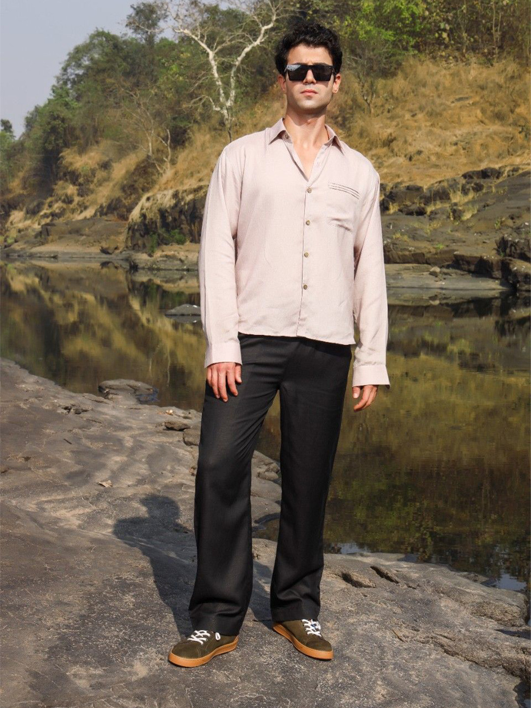 ROAR FOR GOOD Men Regular Fit Pleated Formal Hemp Coconut Buttons Shirt