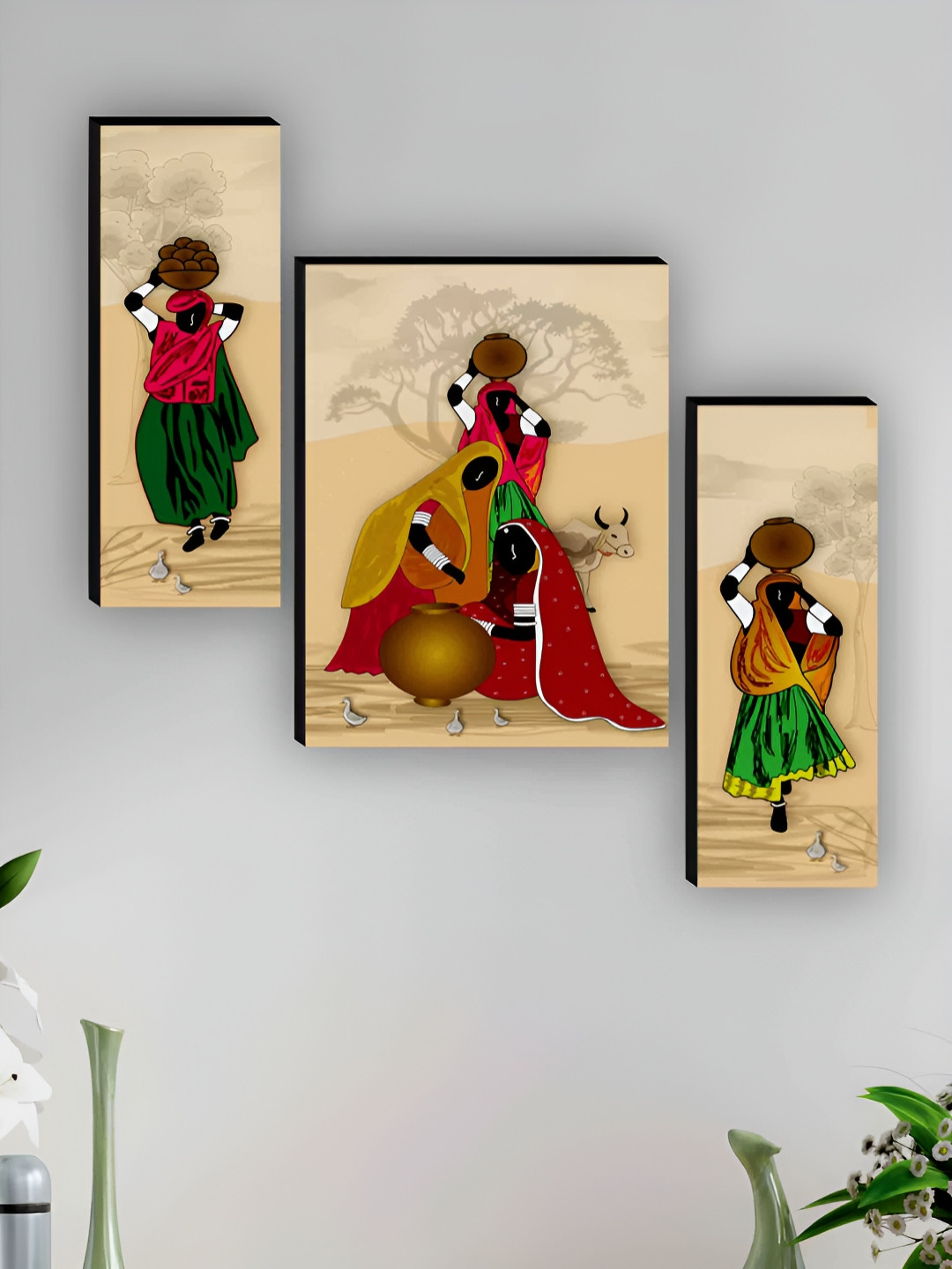 SAF Beige & Red 3 Pieces Villagers Printed Wooden Wall Art