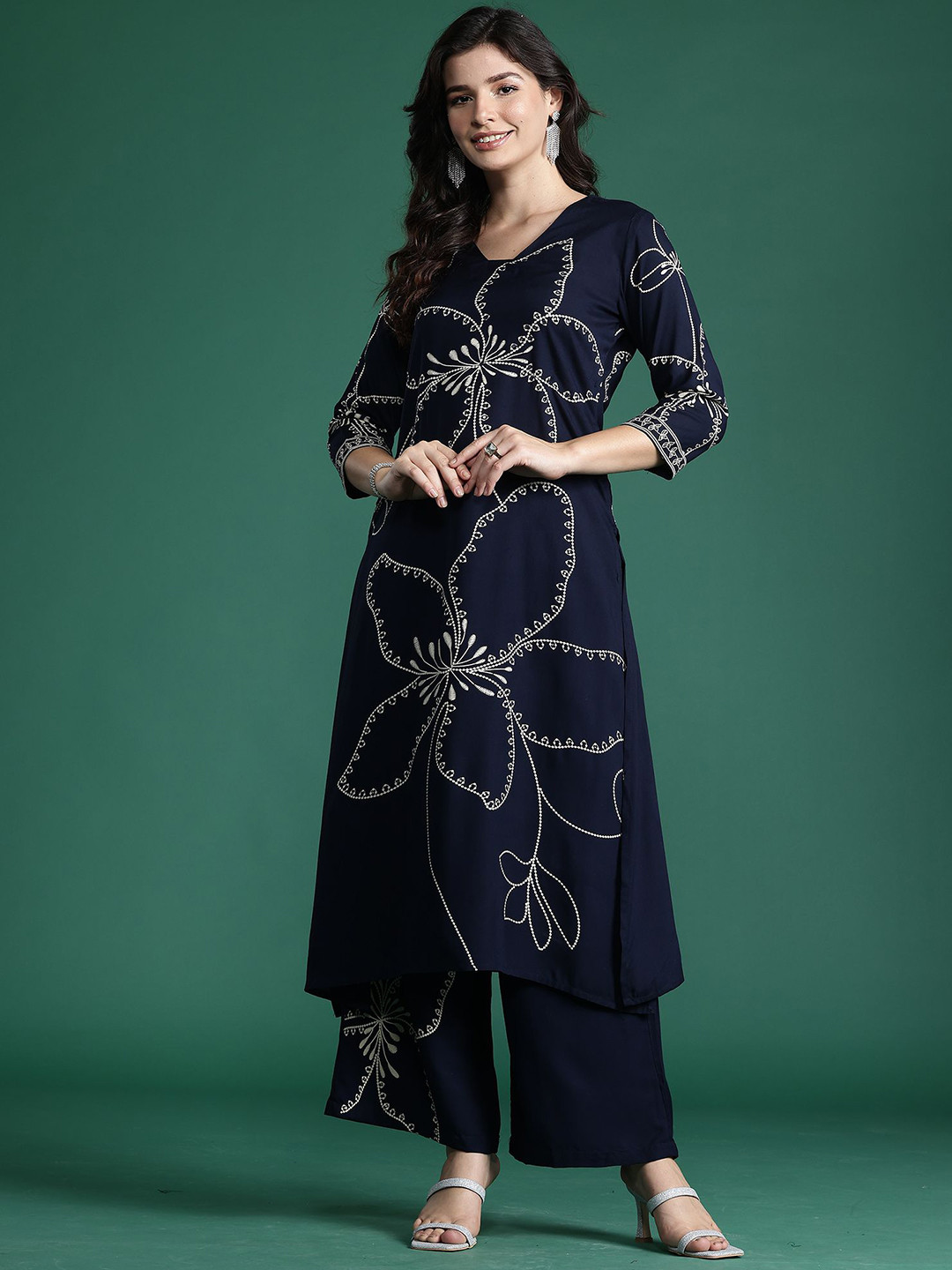 Indo Era Printed V-Neck Straight Tunic With Palazzo