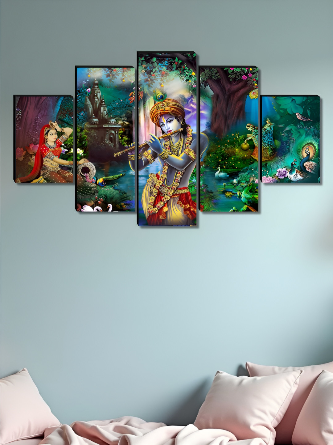 SAF Green & Red 5 Pieces Lord Krishna Printed Wooden Wall Arts