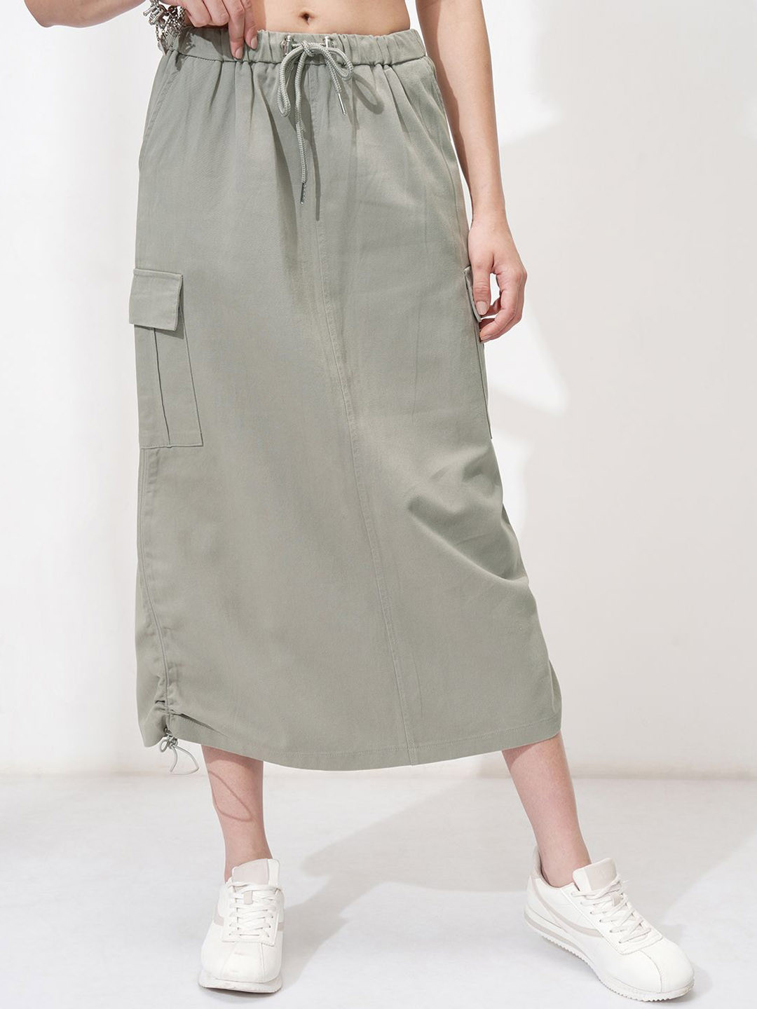 Tokyo Talkies Women A-Line Cargo Pocket Midi Skirt