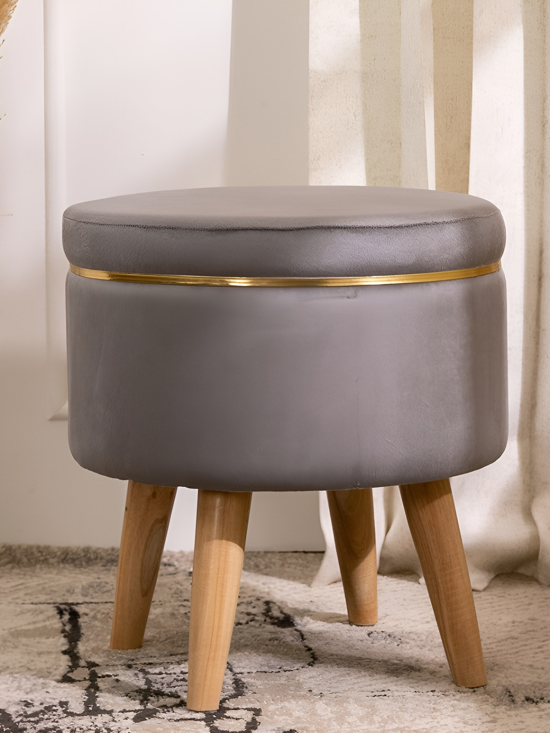 THREADVIBE LIVING Grey & Brown Wooden & Velvet Round Ottoman