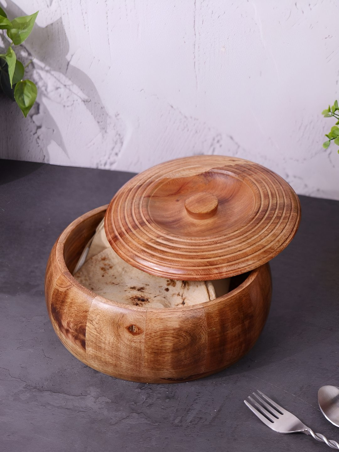 VarEesha Brown Acacia Wooden Flat Rim Base Roti Box With Spiral Carved Lid