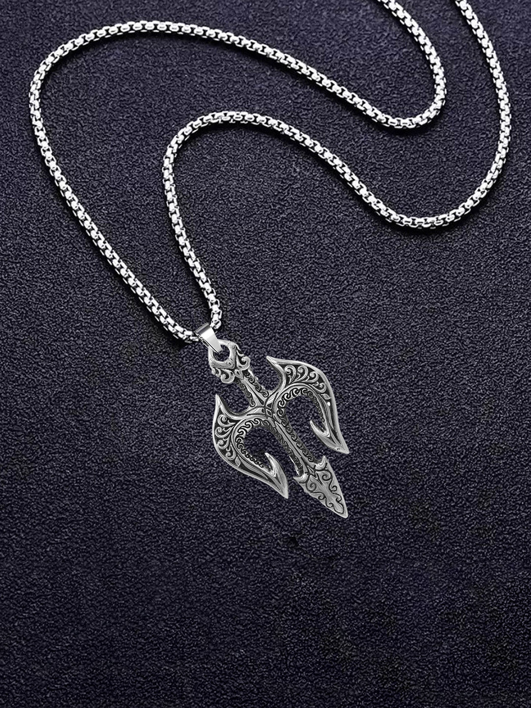 M Men Style Men Rhodium-Plated Contemporary Shiva Trishula Pendants with Chains