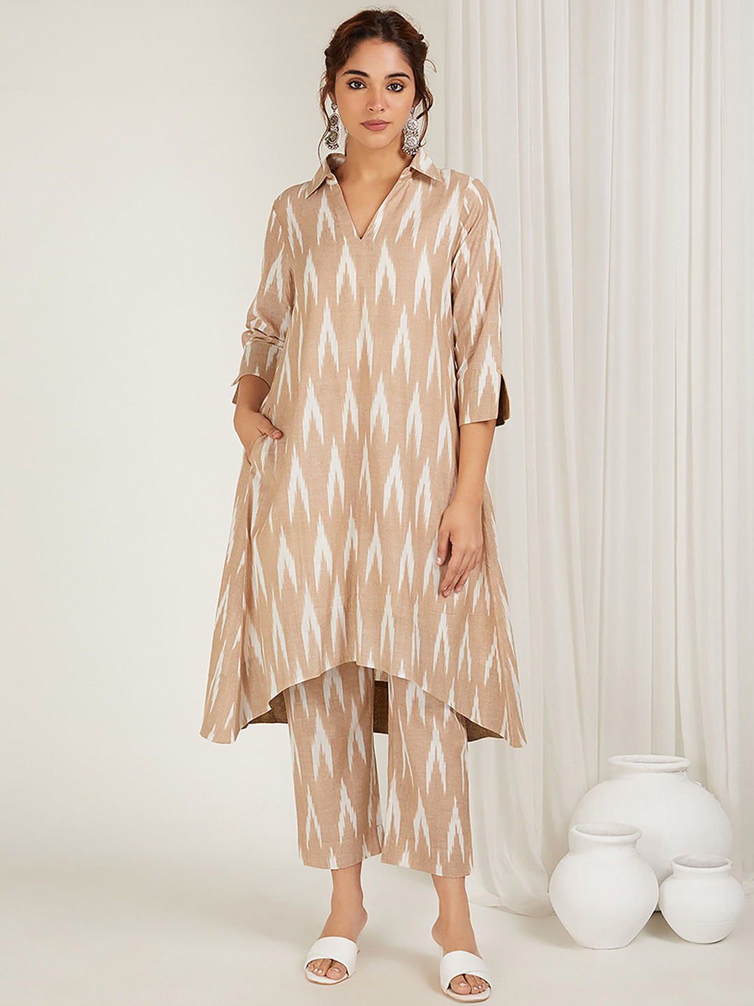 CYAN Geometric Ikat Printed Shirt Collar Pure Cotton Anarkali Kurta With Trousers