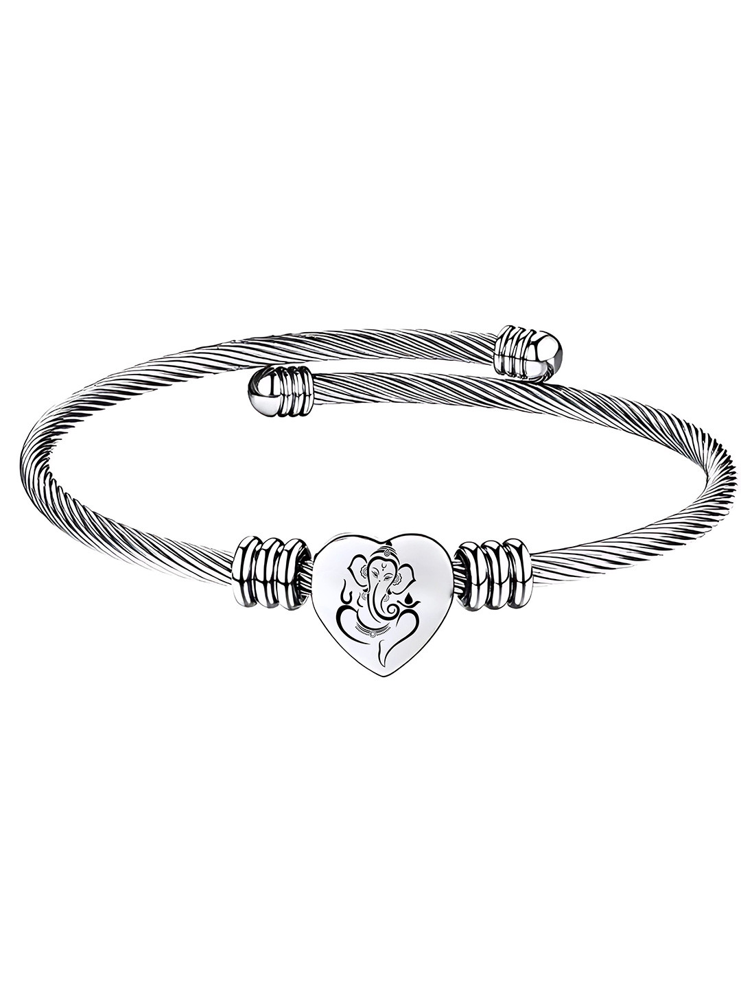 M Men Style Silver-Plated Stainless Steel Engraved Ganesh Charm Bracelet