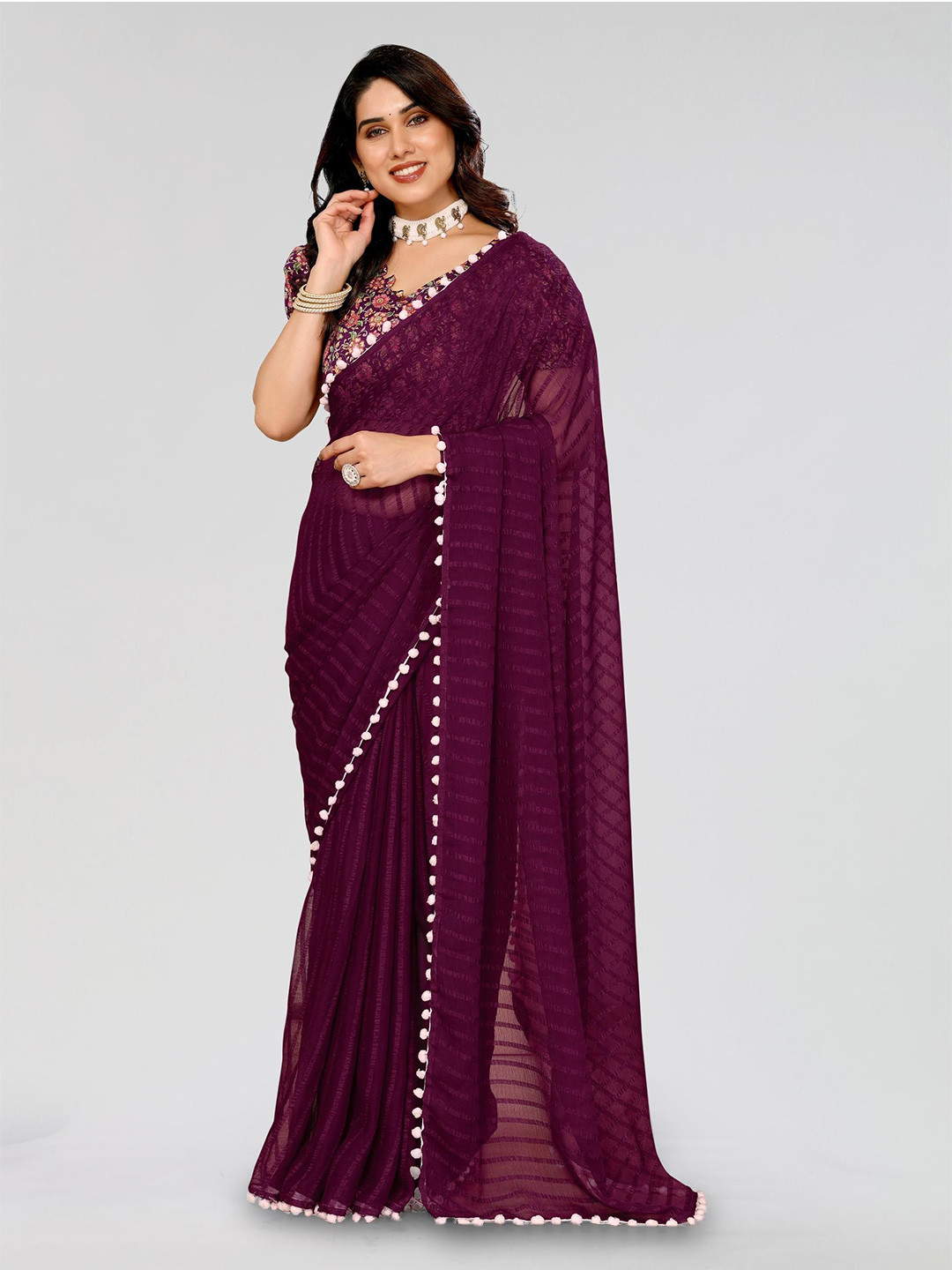 Styleveda Embroidered Pure Georgette Saree With Digital Print Blouse