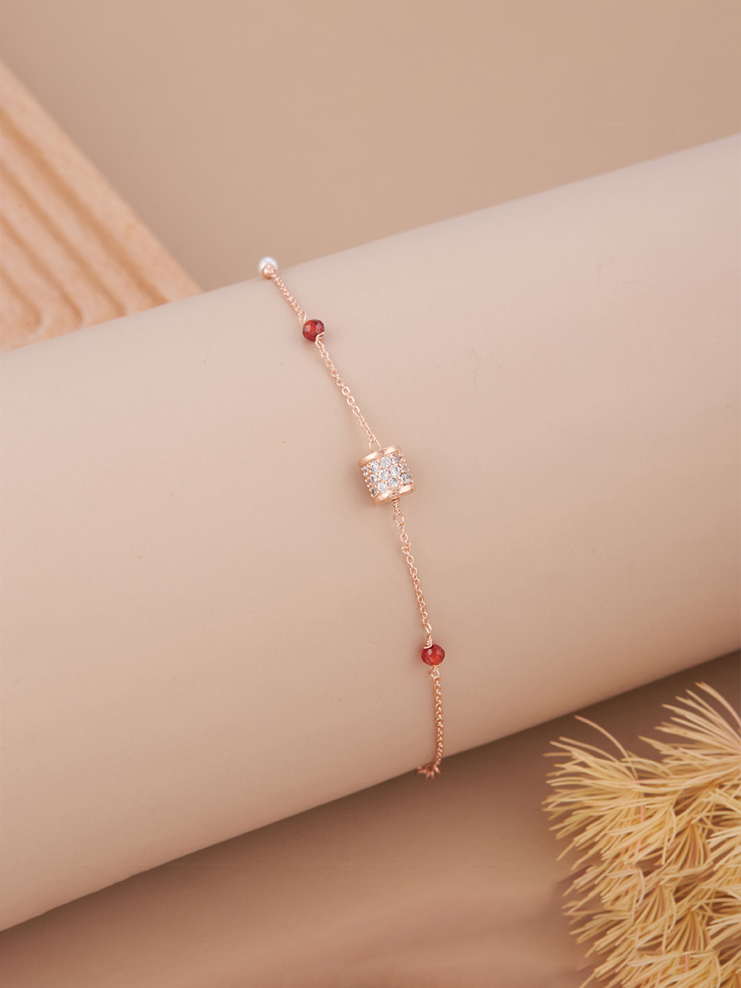 GC Jewelery Stainless Steel Rose Gold-Plated AD Studded & Beaded Wraparound Bracelet