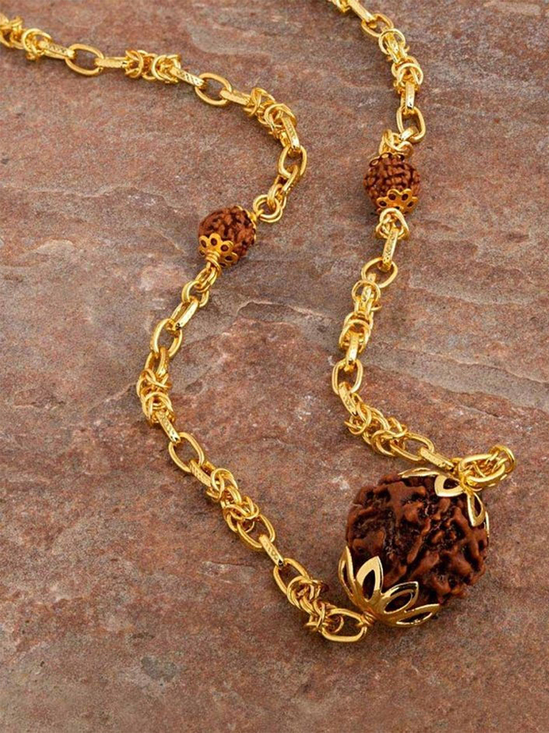 SANAA CREATIONS Unisex Gold-Plated Rudraksha Beaded Shiv Mahadev Symbol Antique Chain