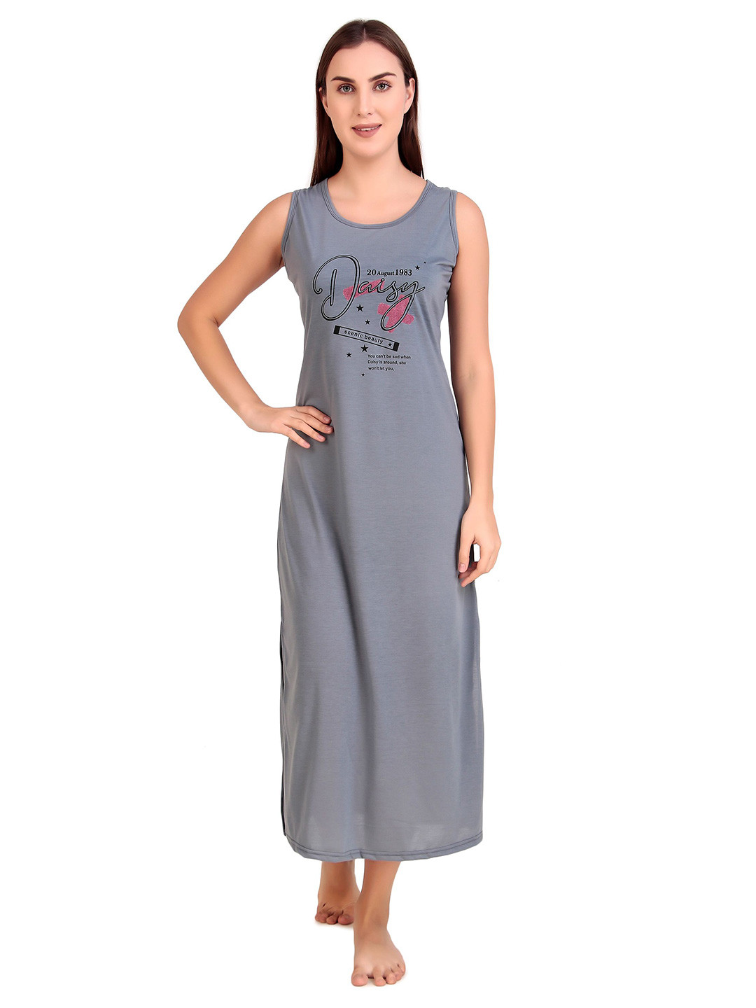 BOMBSHELL Women Printed Round Neck Sleeveless Maxi T-shirt Nightdress