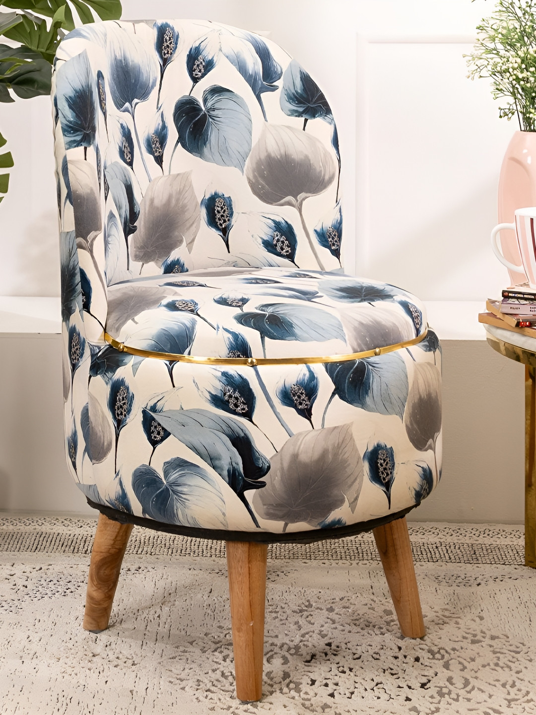 THREADVIBE LIVING Blue & White Floral Printed Wooden & Velvet Round Ottoman