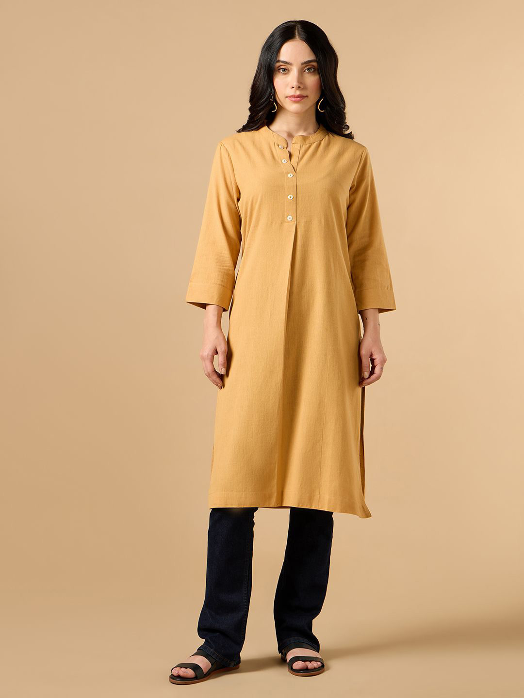 COTTONS DAILY Women Orange Solid Mandarin Collar Cotton Linen Kurta