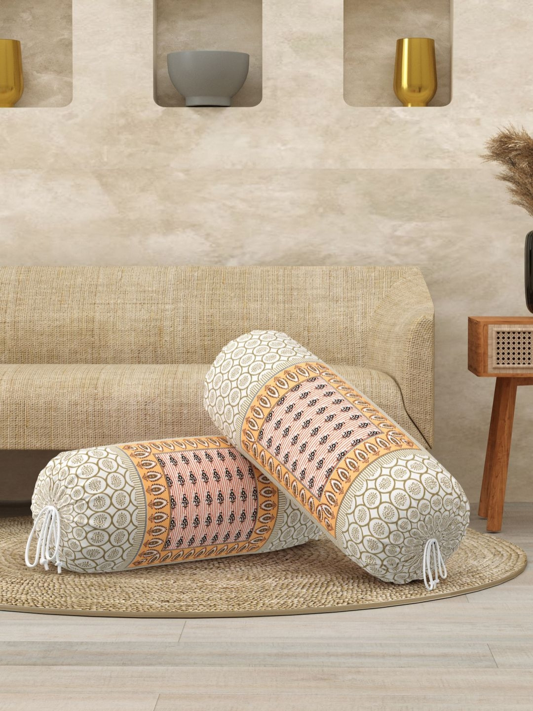 Myntra Elegant Homes 2 Pcs Peach & Brown Floral Printed Cotton Bolster Covers