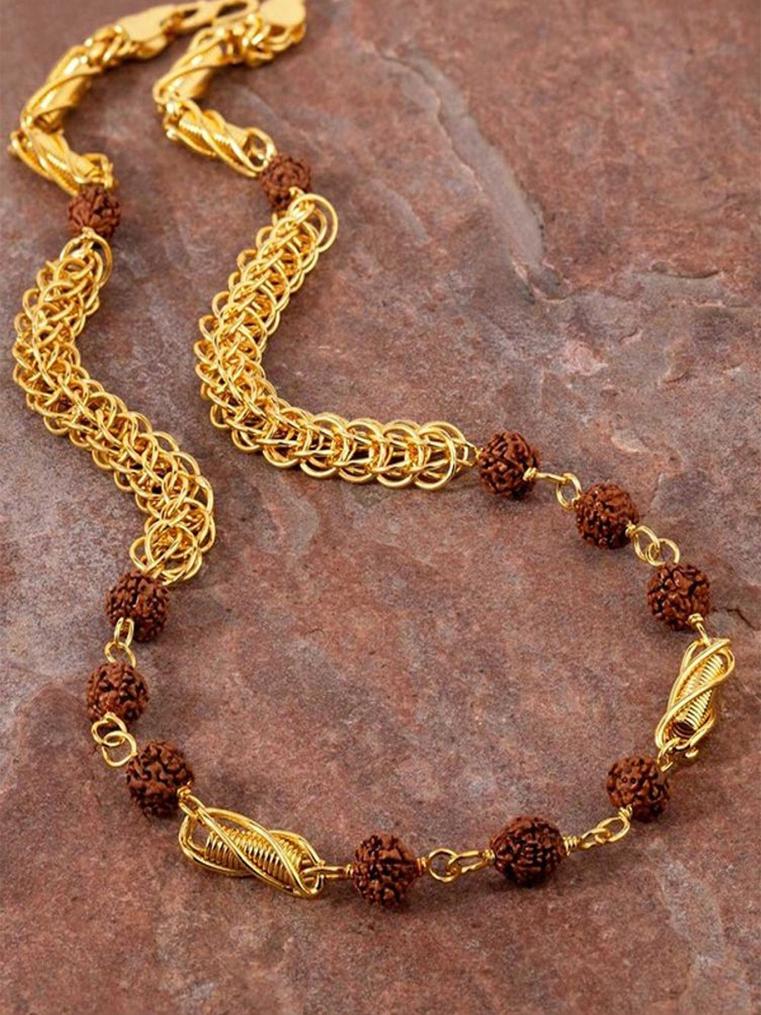 SANAA CREATIONS Unisex Gold-Plated Rudraksha Beaded Shiv Mahadev Symbol Antique Chain