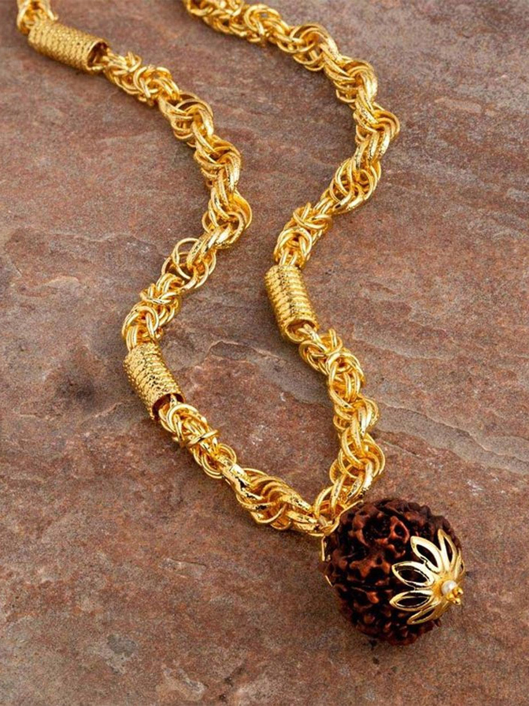 SANAA CREATIONS Unisex Gold-Plated Shiv Mahadev Symbol Rudraksha Beaded Statement Chain