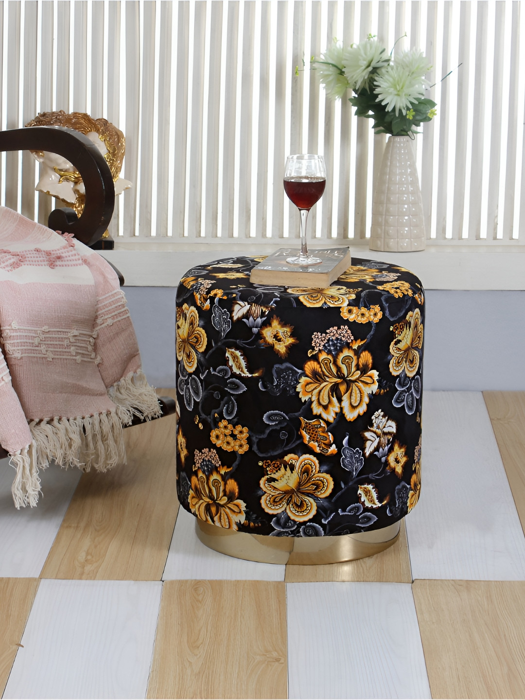 Shadowkart Black & Yellow Printed Round Wooden & Velvet Pouffes Pedestal Ottoman
