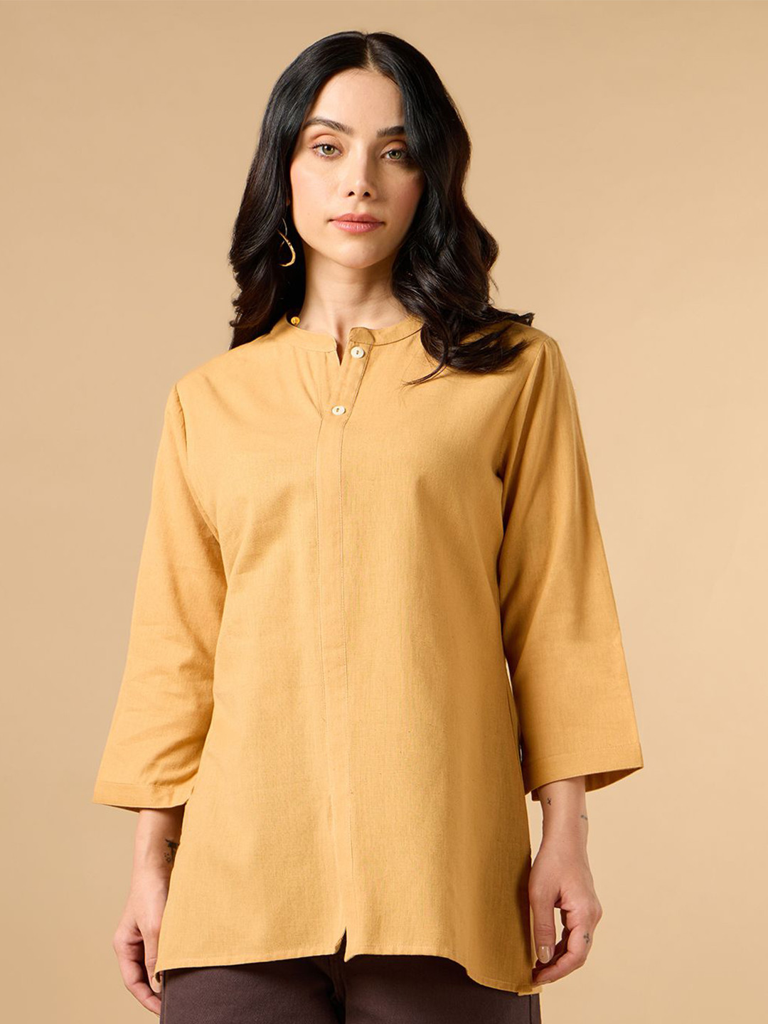 COTTONS DAILY Women Orange Solid Mandarin Collar Cotton Linen Kurta