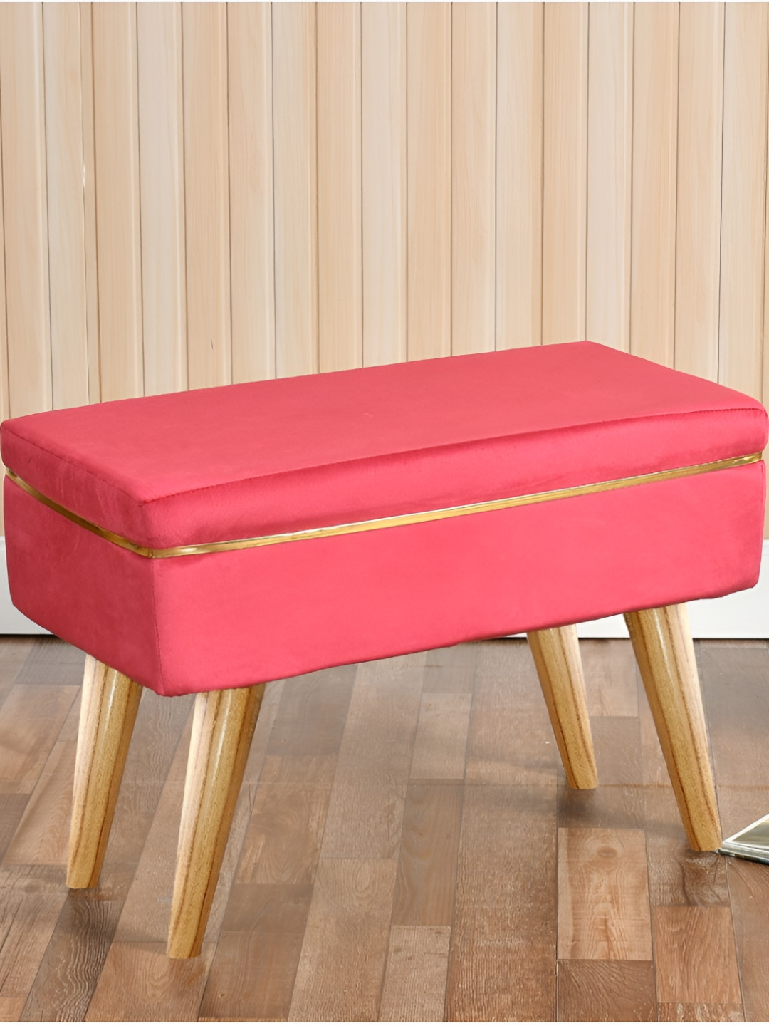 Shadowkart Pink & Brown Wooden & Velvet Rectangle Ottoman
