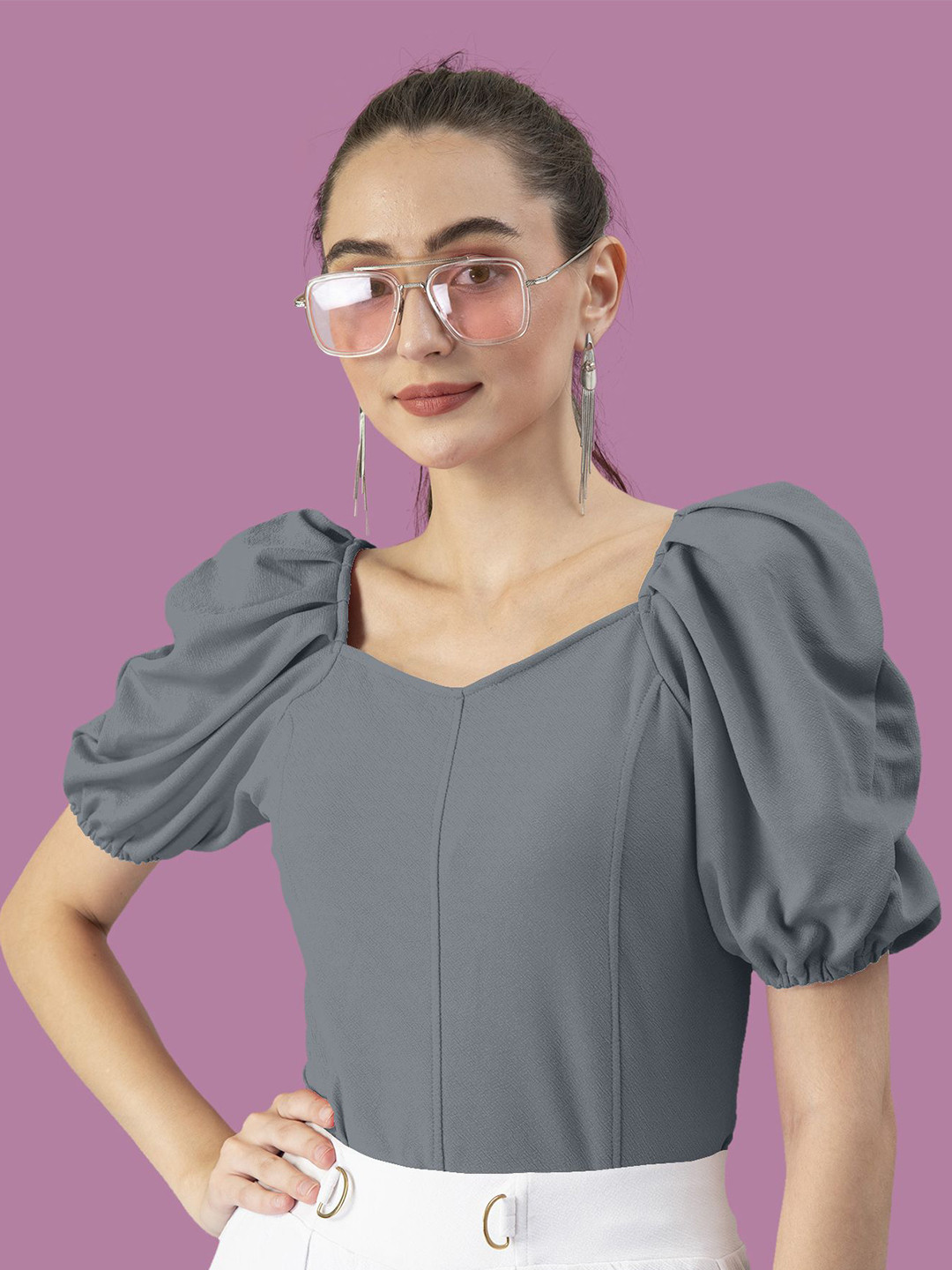 Dream Beauty Fashion Women V-Neck Puff Sleeve Top