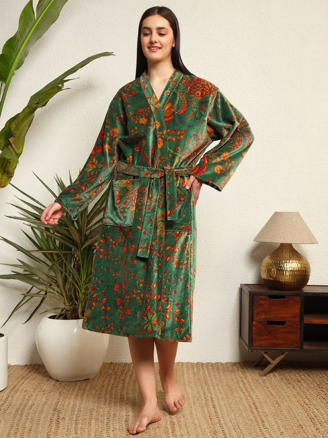 HANDICRAFT PALACE Green Floral Velvet Drawstring Midi Bath Robe