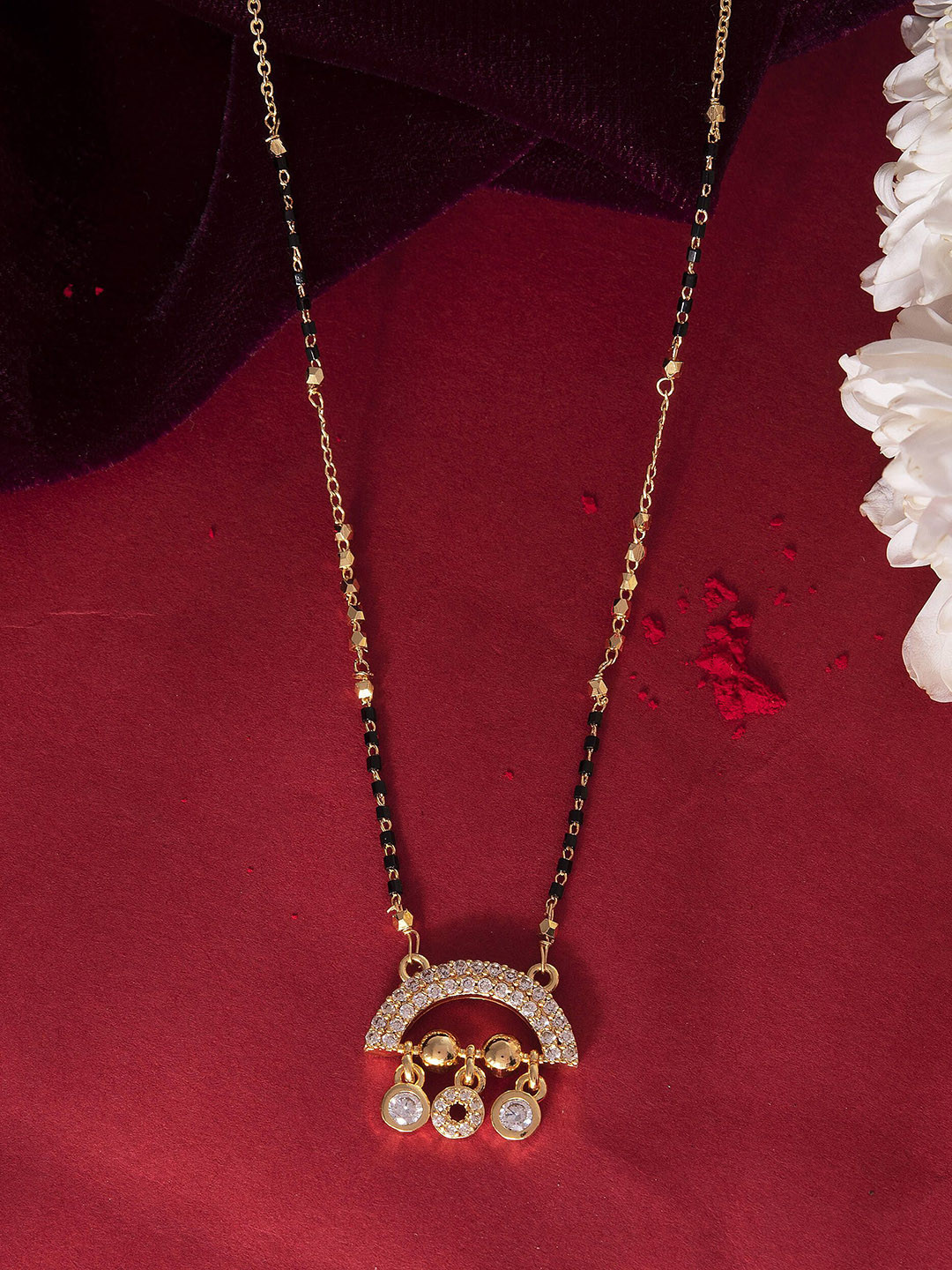 VOJ Stainless Steel Gold-Plated AD Studded And Beaded Half Dome Shape Mangalsutra