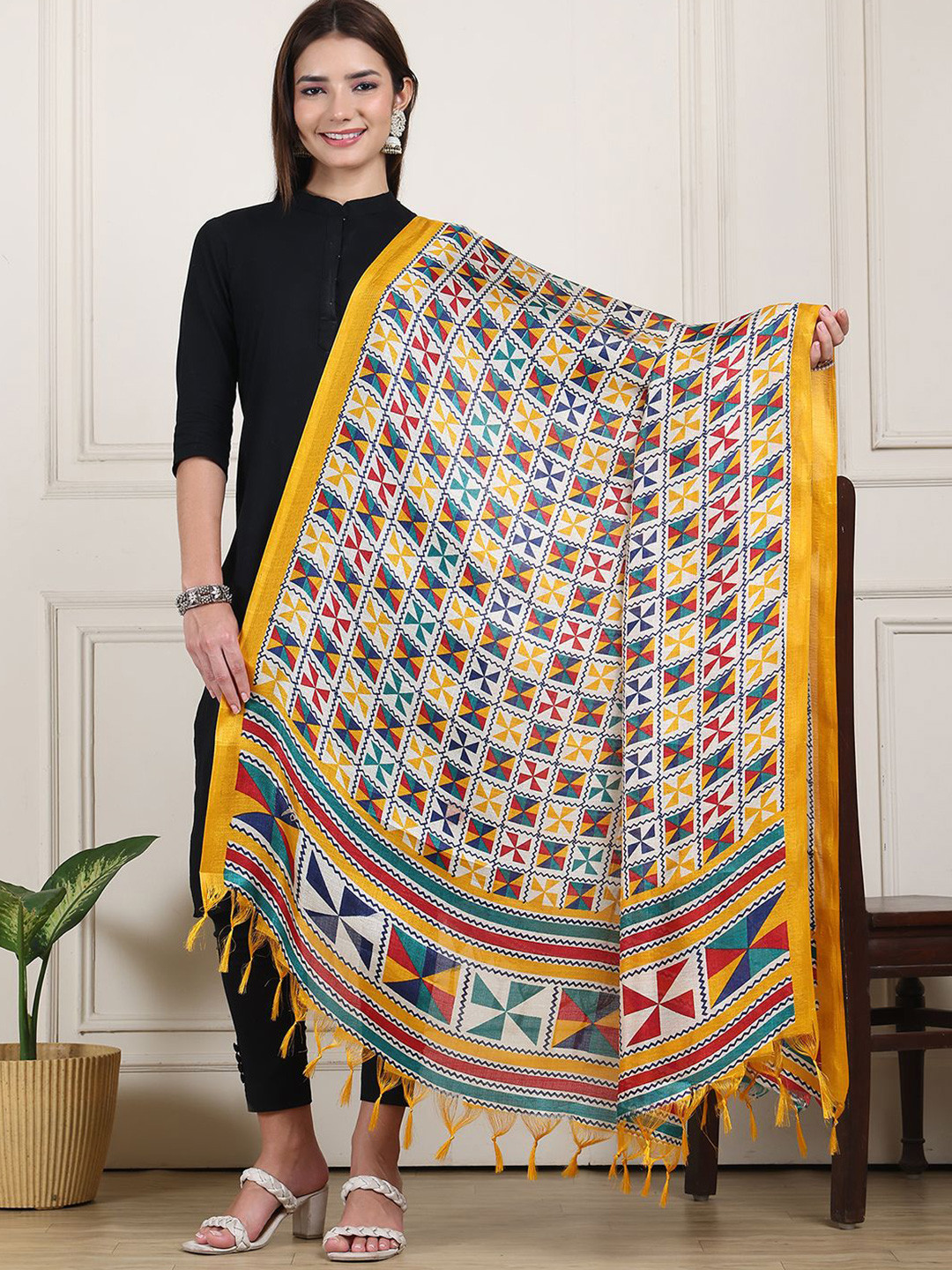 LOOM LEGACY Geometric Ikat Printed Art Silk Dupatta