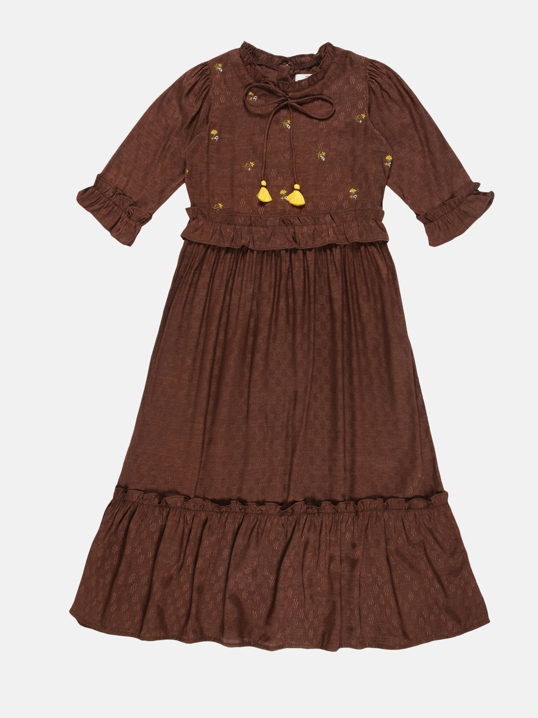 YOUNG BIRDS Girl's Self Design Printed Fit and Flare Knee Length Dress With Tie-Ups