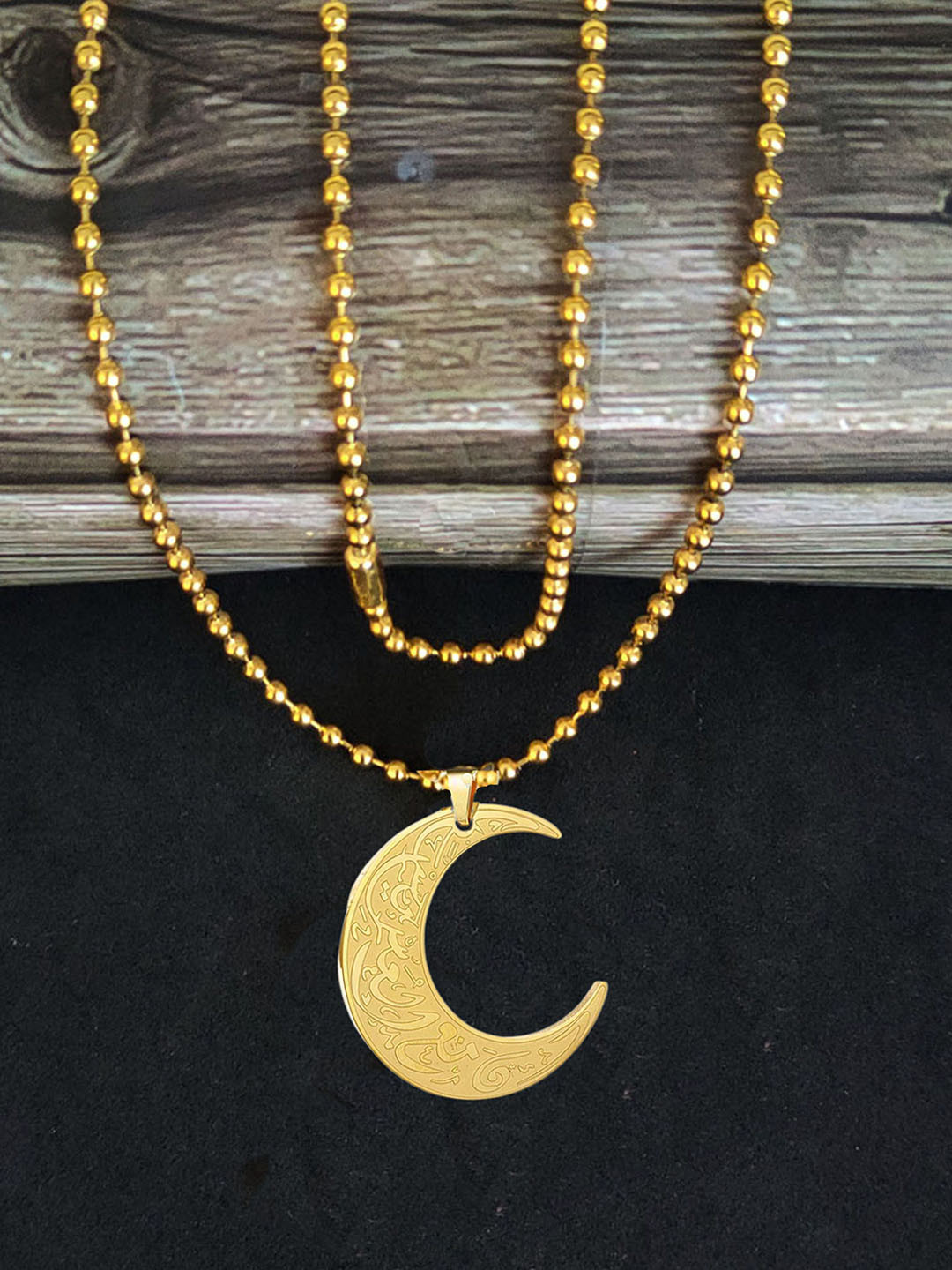 M Men Style Gold-Plated Stainless Steel Crecsent Engraved Moon Pendants & Chains