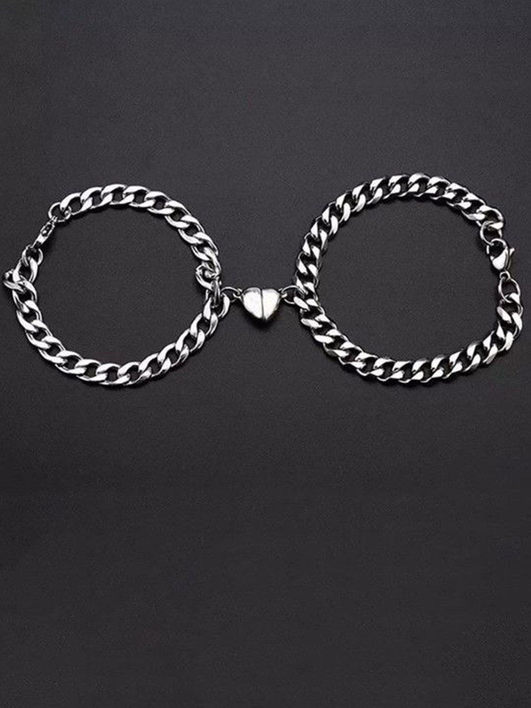Ringzinnie Unisex Set Of 2 Stainless Steel Silver-Plated Link Couple Magnet Bracelet