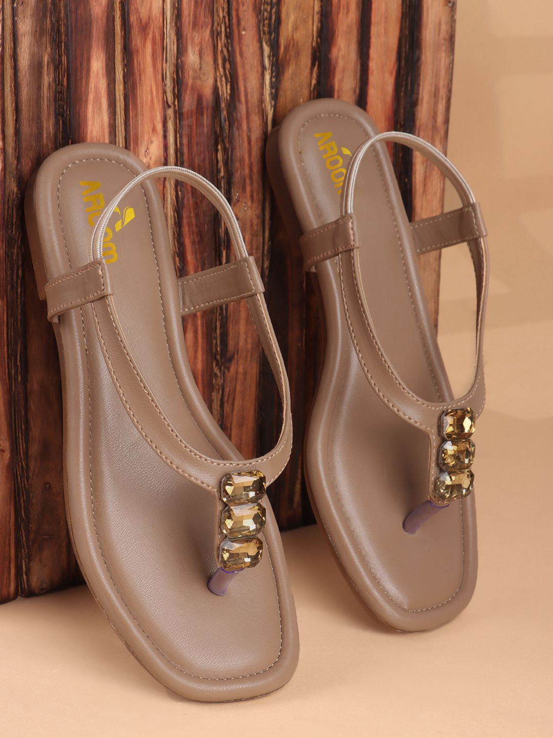 AROOM Women Western Embellished  Light Weight T-Strap Flats