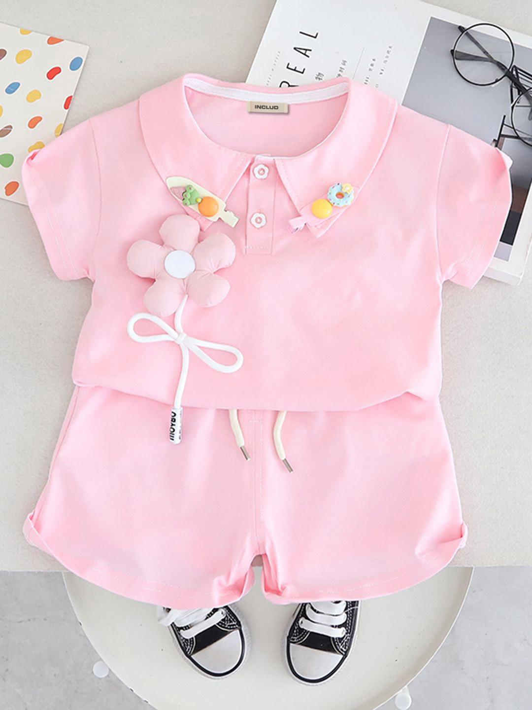 INCLUD Girls 3D Applique Polo Collar T-Shirt With Shorts