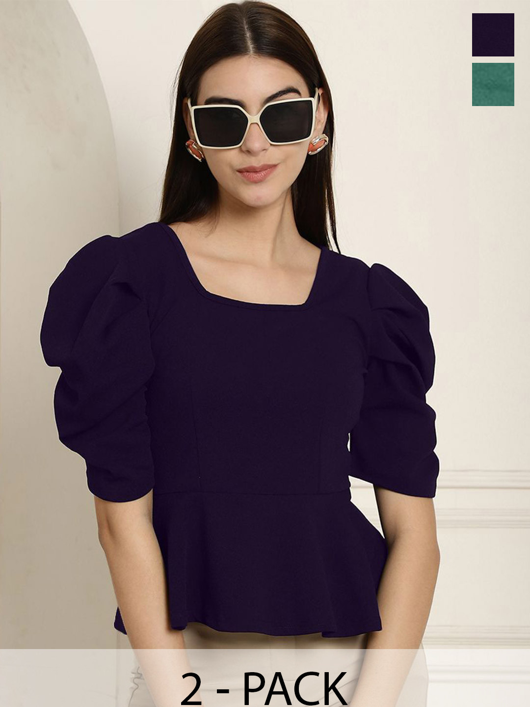 Metronaut Women Pack Of 2Puff Sleeve Peplum Top