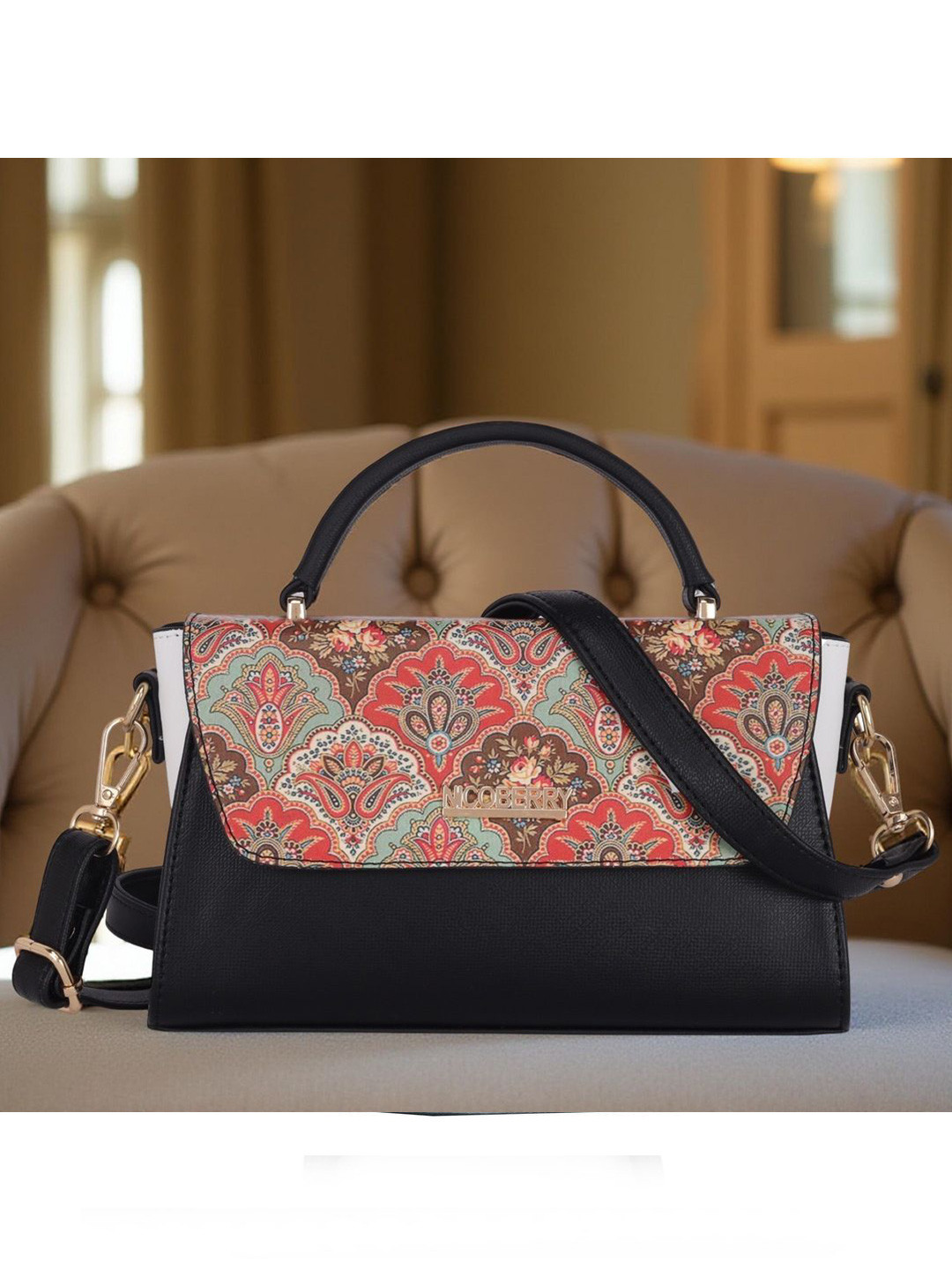 Nicoberry Floral Printed Structured Sling Bag with Cut Work