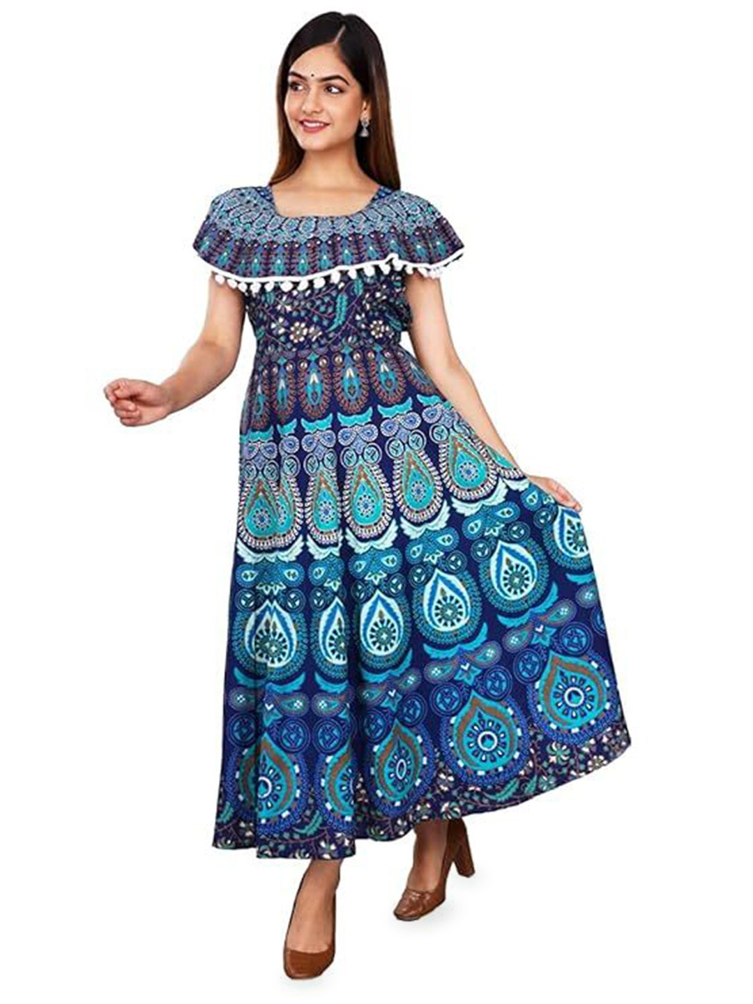 OUTER WEAR AYAM EXPORTS Ethnic Motifs Print Cape Sleeves Cottton Fit & Flare Maxi Dress