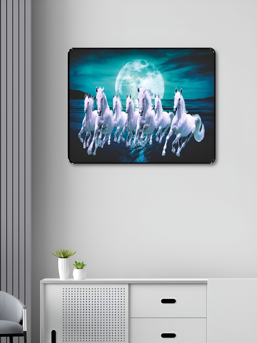 SAF Blue & White Birds And Animals Seven Running Horse Printed Wooden Wall Art