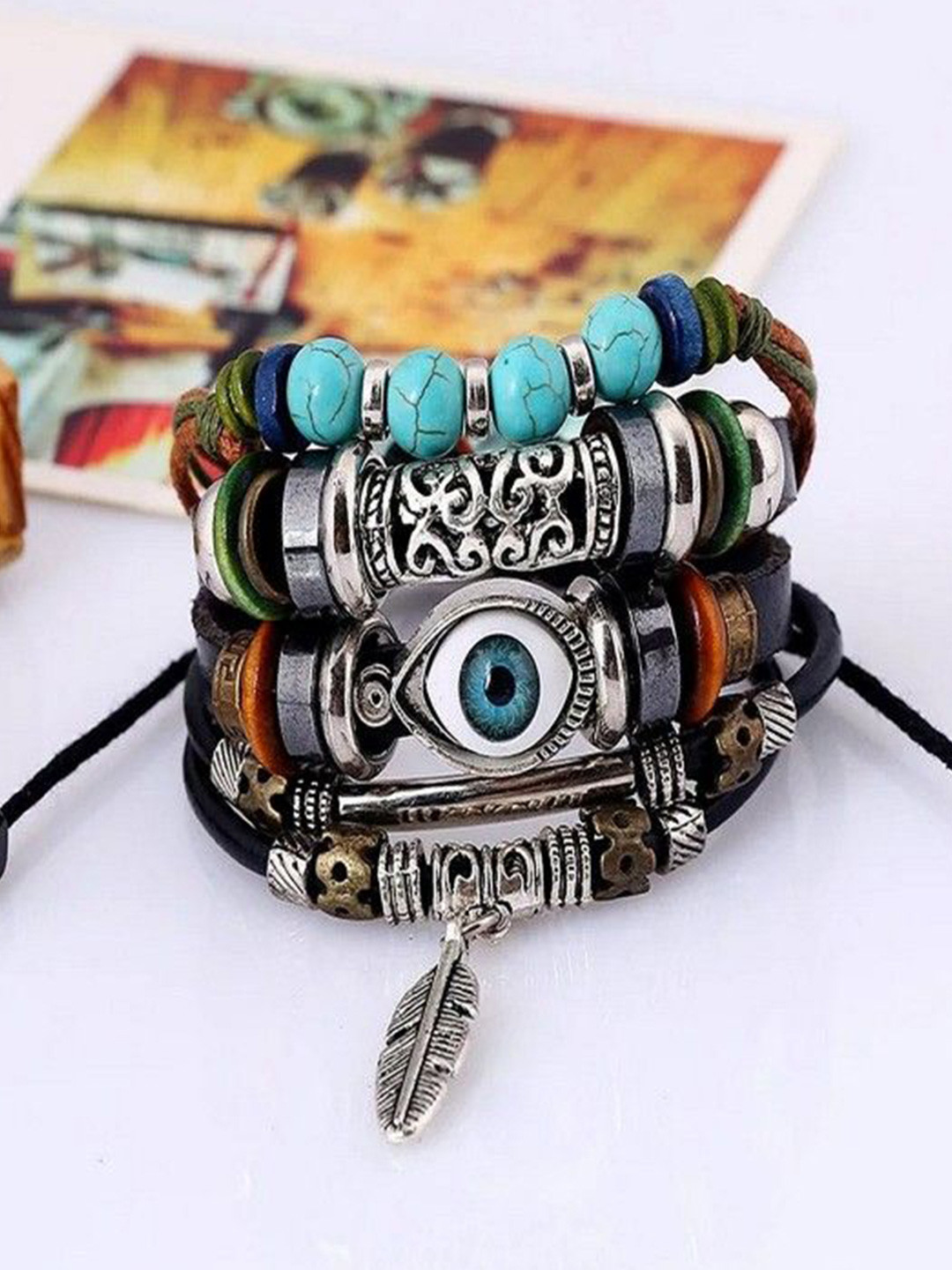 Ringzinnie Men Artificial Beaded Leather Multistrand Evil Eye Bracelet